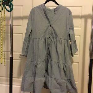 Sage green baby doll dress.  Bottom up front with 3/4 ruffle sleeves.